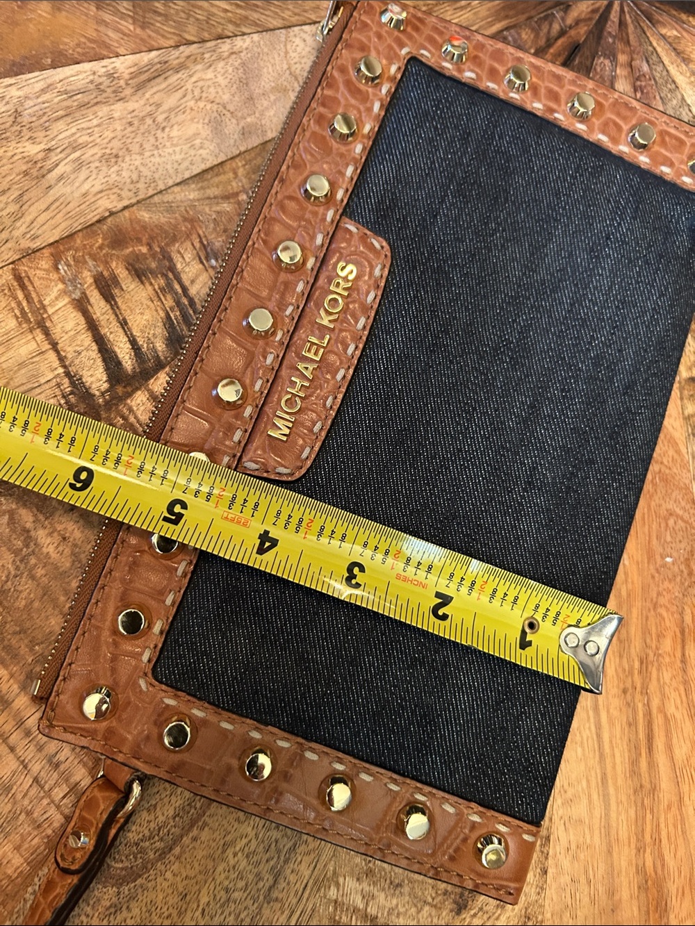 Michael Kors Black Denim and Brown Leather Studded Wristlet - Picture 7 of 8